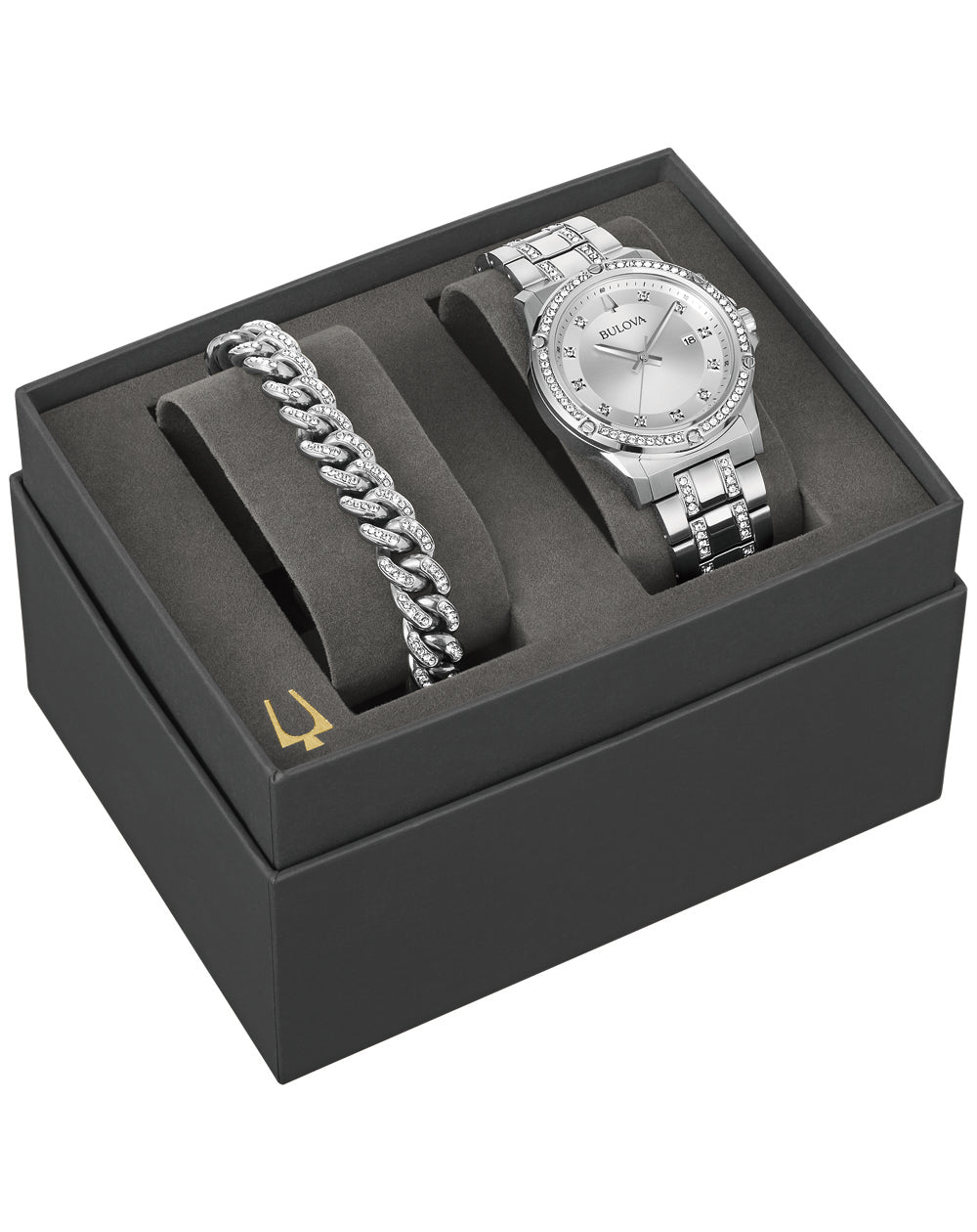 Bulova Classic Crystal Silver Dial Stainless Steel Band Watch Set 96K114