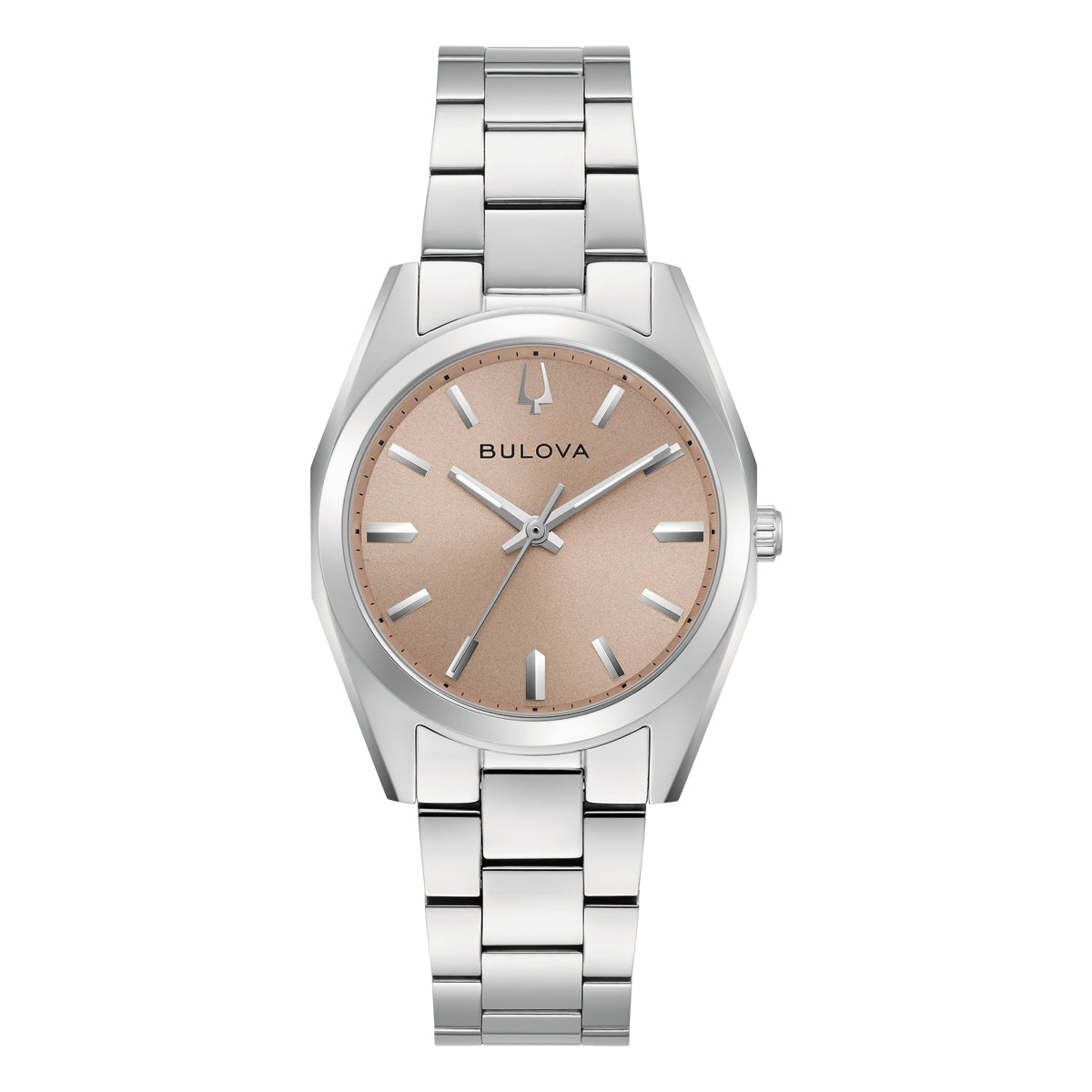 Bulova Surveyor 96L364 women's quartz watch with a soft rose gold-toned dial on a stainless steel bracelet