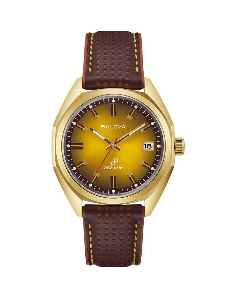 Bulova Classic Jet Star Brown Leather Strap Yellow Dial Watch 97B214