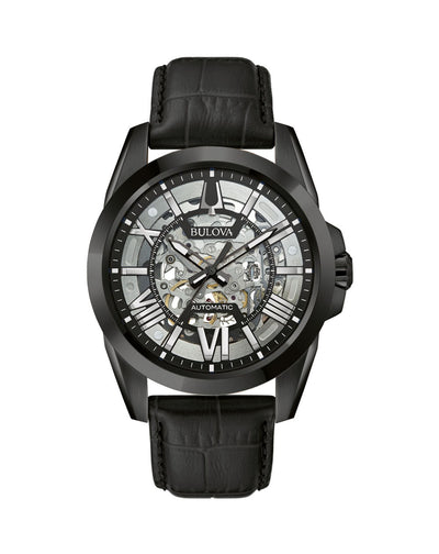 Bulova Classic Men's Black Automatic Skeleton Watch with Leather Strap Model 98A304