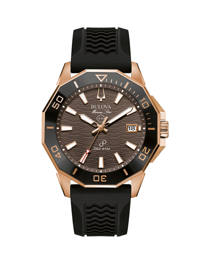 Bulova Marine Star Rose Gold Tone Precisionist Watch with Black Silicone Strap 98B421