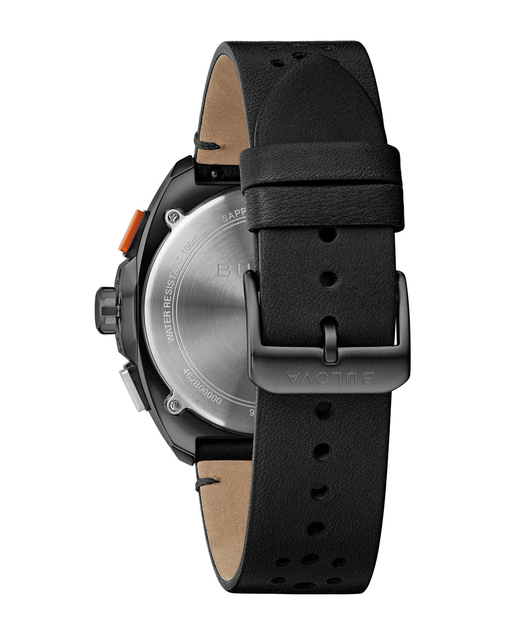 Bulova Racer Chronograph Watch with Black Leather Strap and Orange Accents 98B428