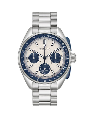 Stainless steel Bulova chronograph wristwatch with a white dial and blue subdials.