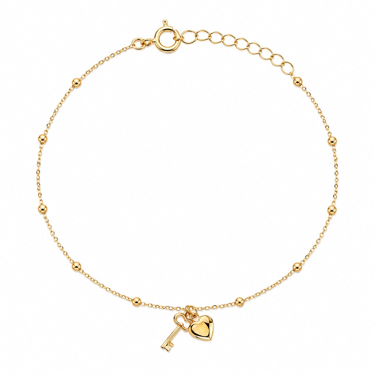 Fine Gold 9K Yellow Gold Heart & Key Ball Chain Bracelet 17-19cm 9YB0622 9YB0622 front packshot