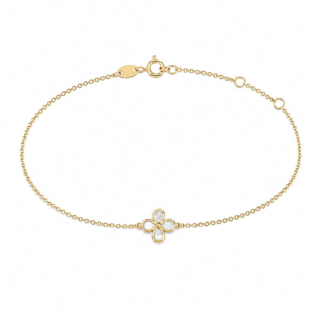 Fine Gold 9K Yellow Gold Mother of Pearl Clover Bracelet 17-19cm 9YB2575MOP 9YB2575MOP front packshot