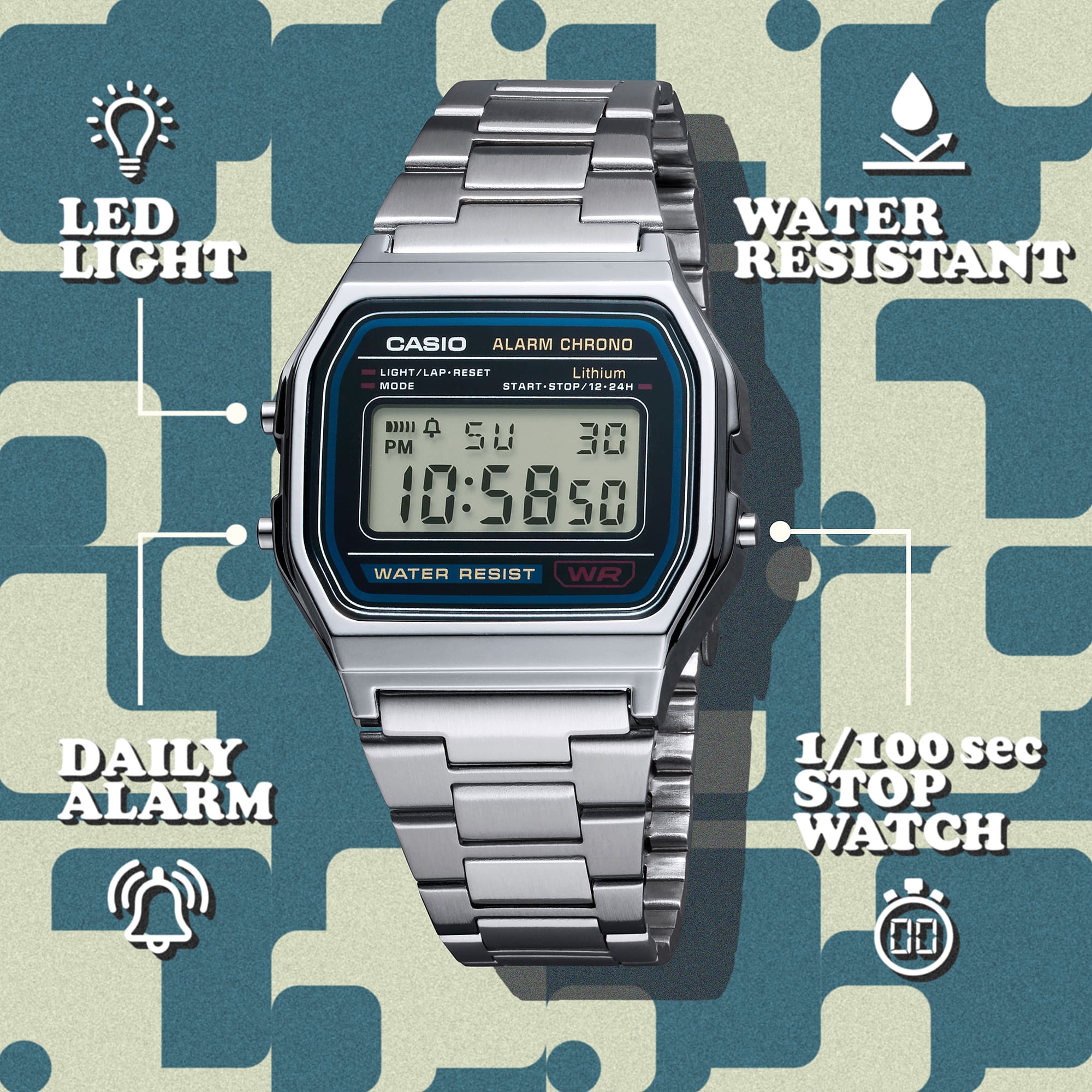 Casio Stainless Steel Digital Silver Dial Watch A158WA-1A