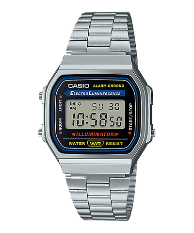 Classic Casio digital watch with a silver metal band and rectangular face displaying time and date.