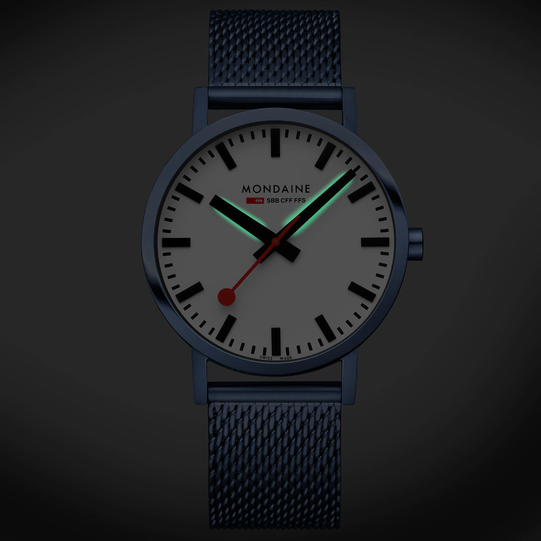 Mondaine Classic 40mm Blue Mesh Watch Swiss White Dial Luxury
