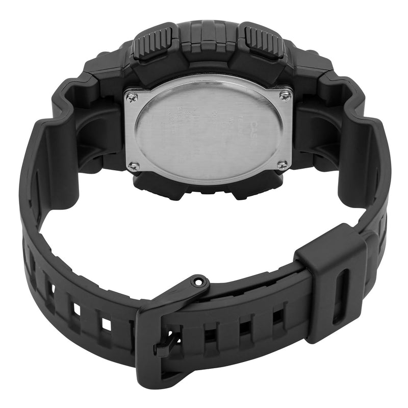 Black digital wristwatch with a rugged design and circular face.