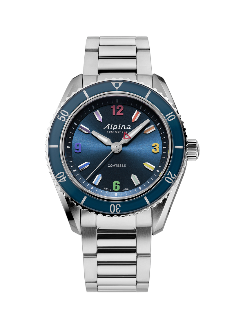 Stainless steel wristwatch with a blue dial and bezel.