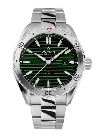 Stainless steel wristwatch with a green dial and rotating bezel.