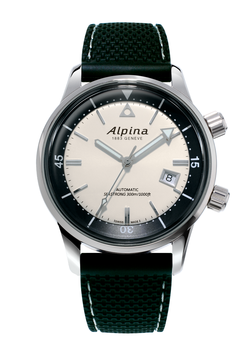 Alpina wristwatch with a black bezel, white dial, and green fabric strap.