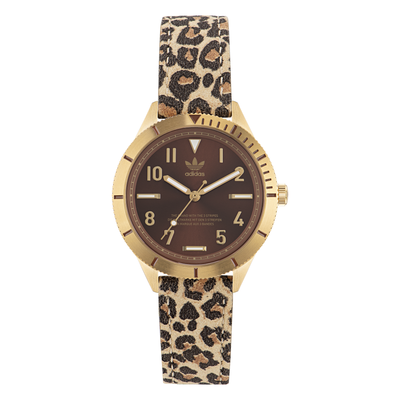 Wristwatch with a gold-tone case and leopard print strap.