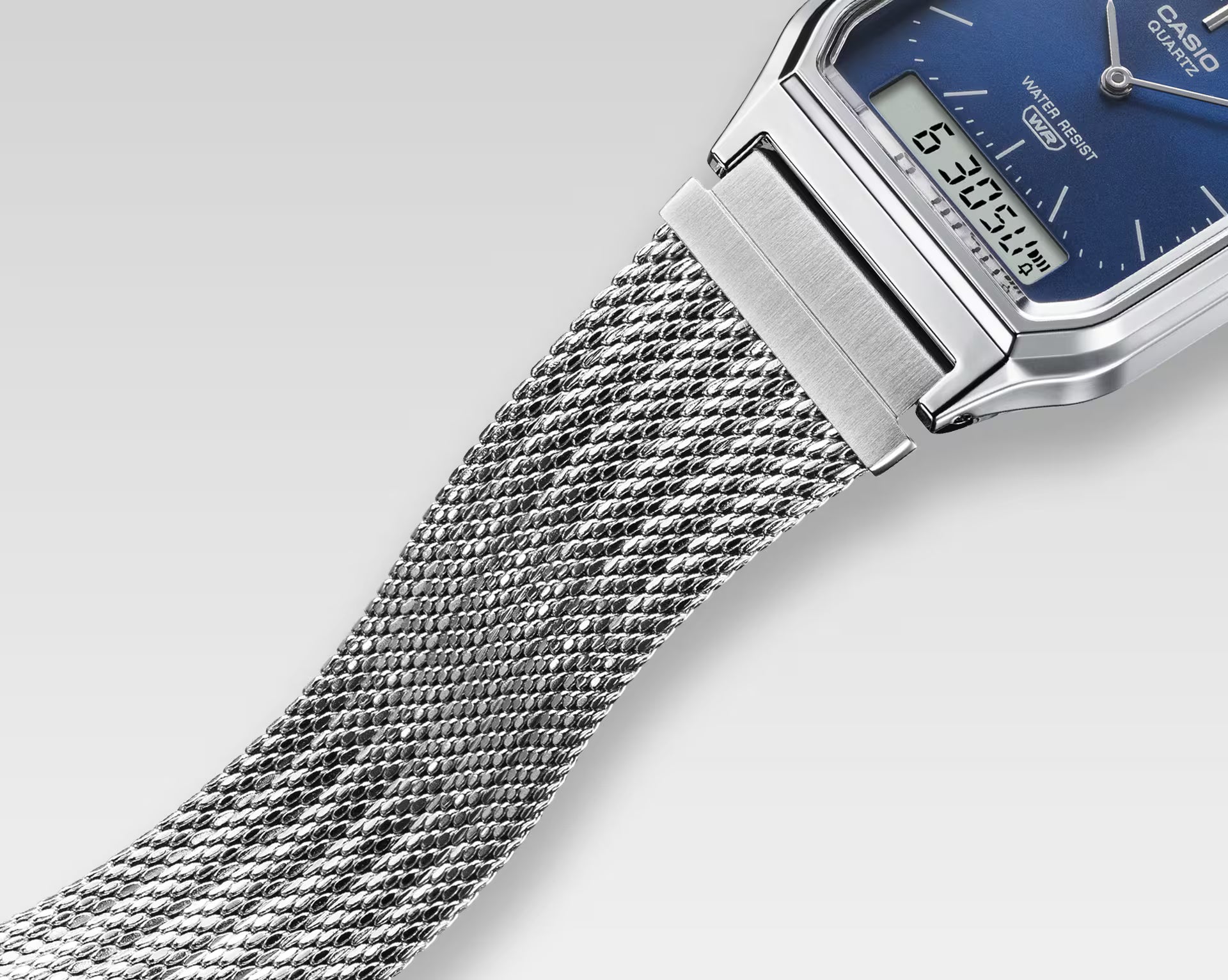 Casio Classic Vintage Stainless Steel Mesh Band Blue Dial Watch AQ230EM-2A