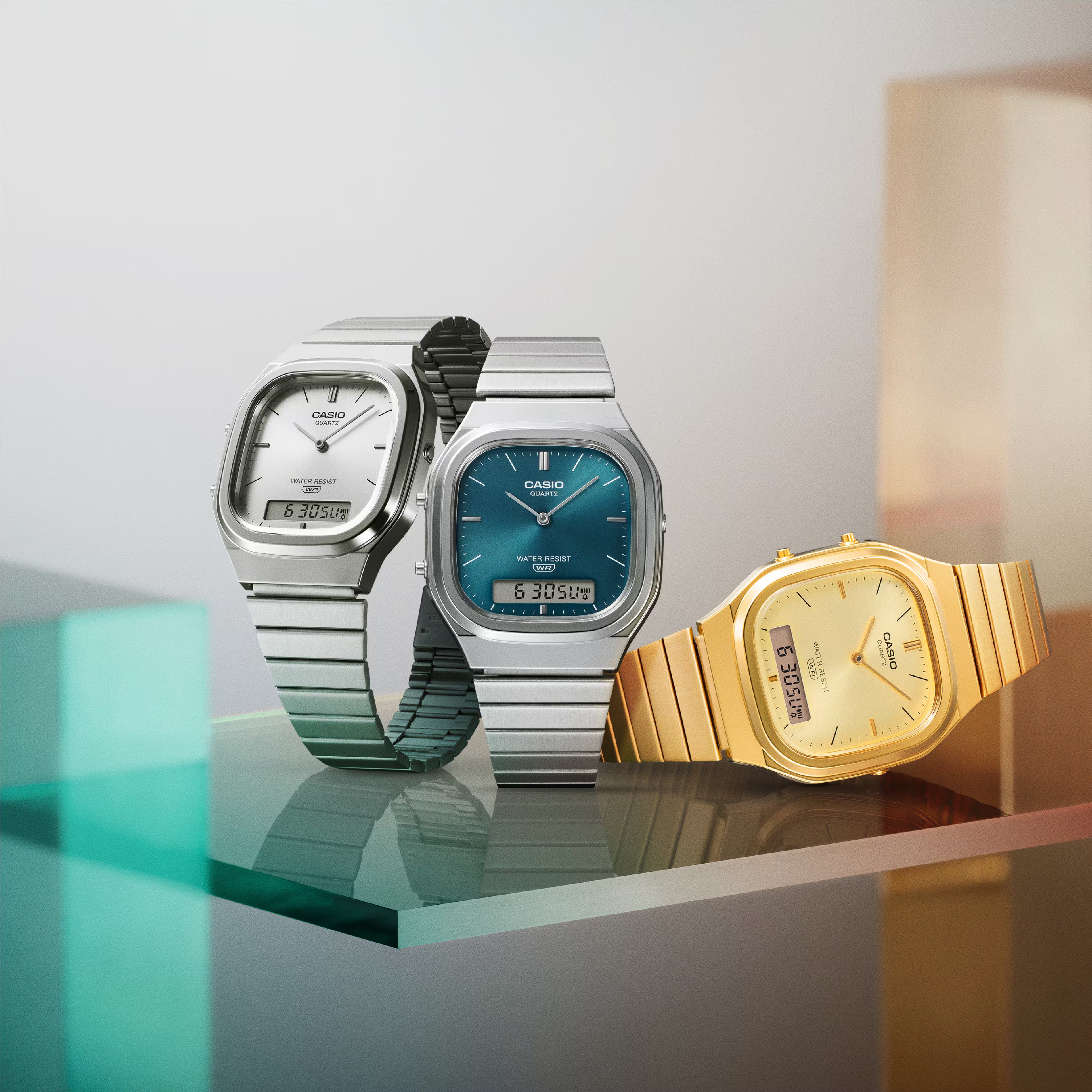 Casio Vintage Rectangular Gold Stainless Steel Band and Dial Watch AQ240EG-9A