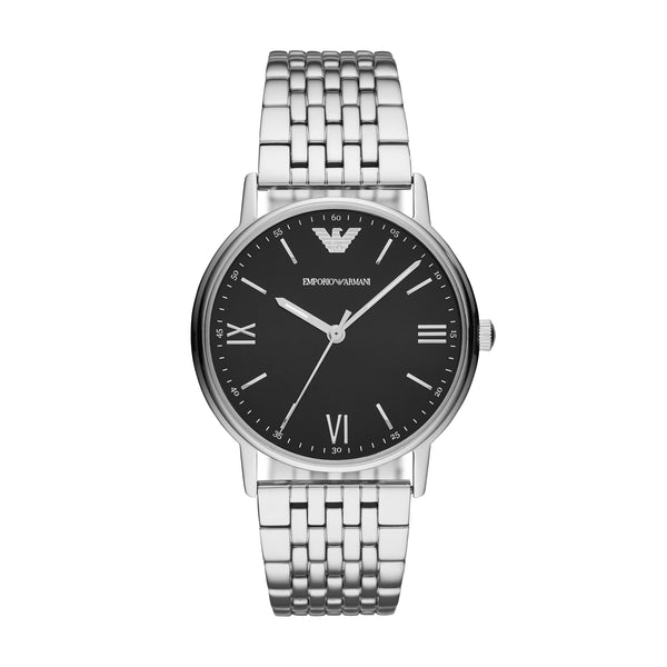 Silver-toned wristwatch with a black dial and metal link bracelet.