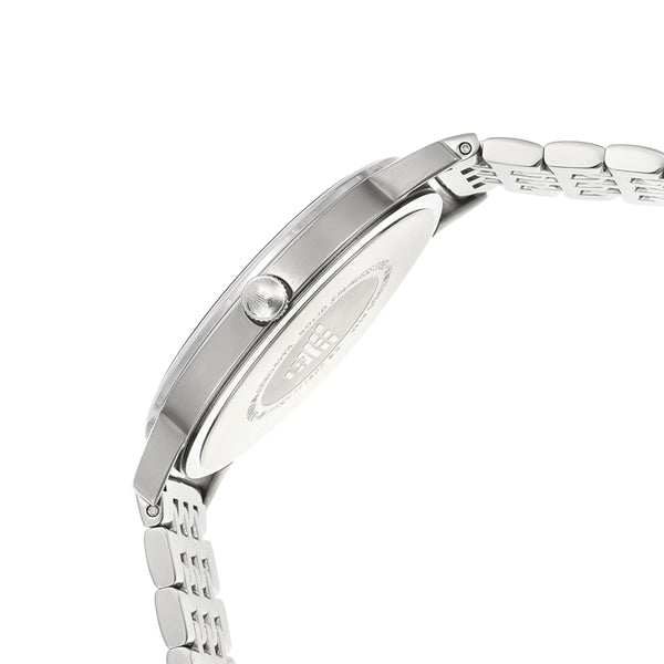 Silver wristwatch with a metal link bracelet.