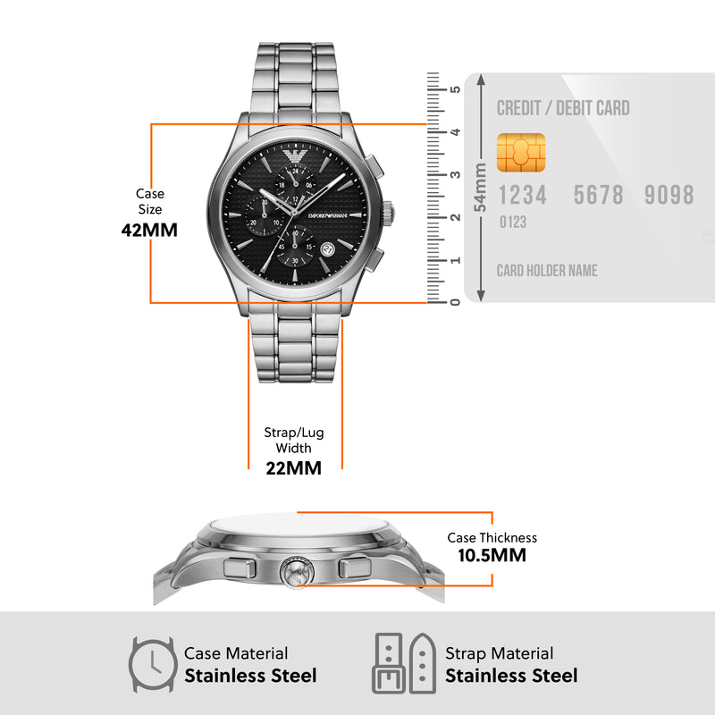 Emporio Armani Silver Steel Watch with Black Dial and Chronograph AR11602