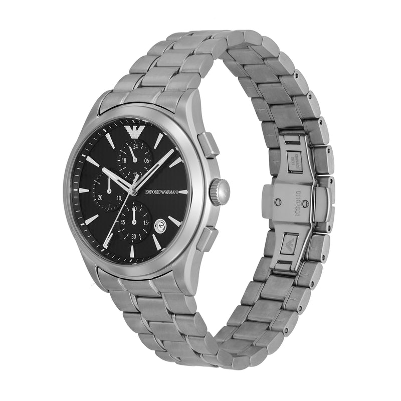 Emporio Armani Silver Steel Watch with Black Dial and Chronograph AR11602