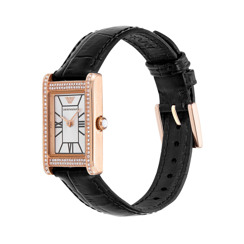 Emporio Armani Two-Hand Silver Dial Black Leather Strap Watch AR11624