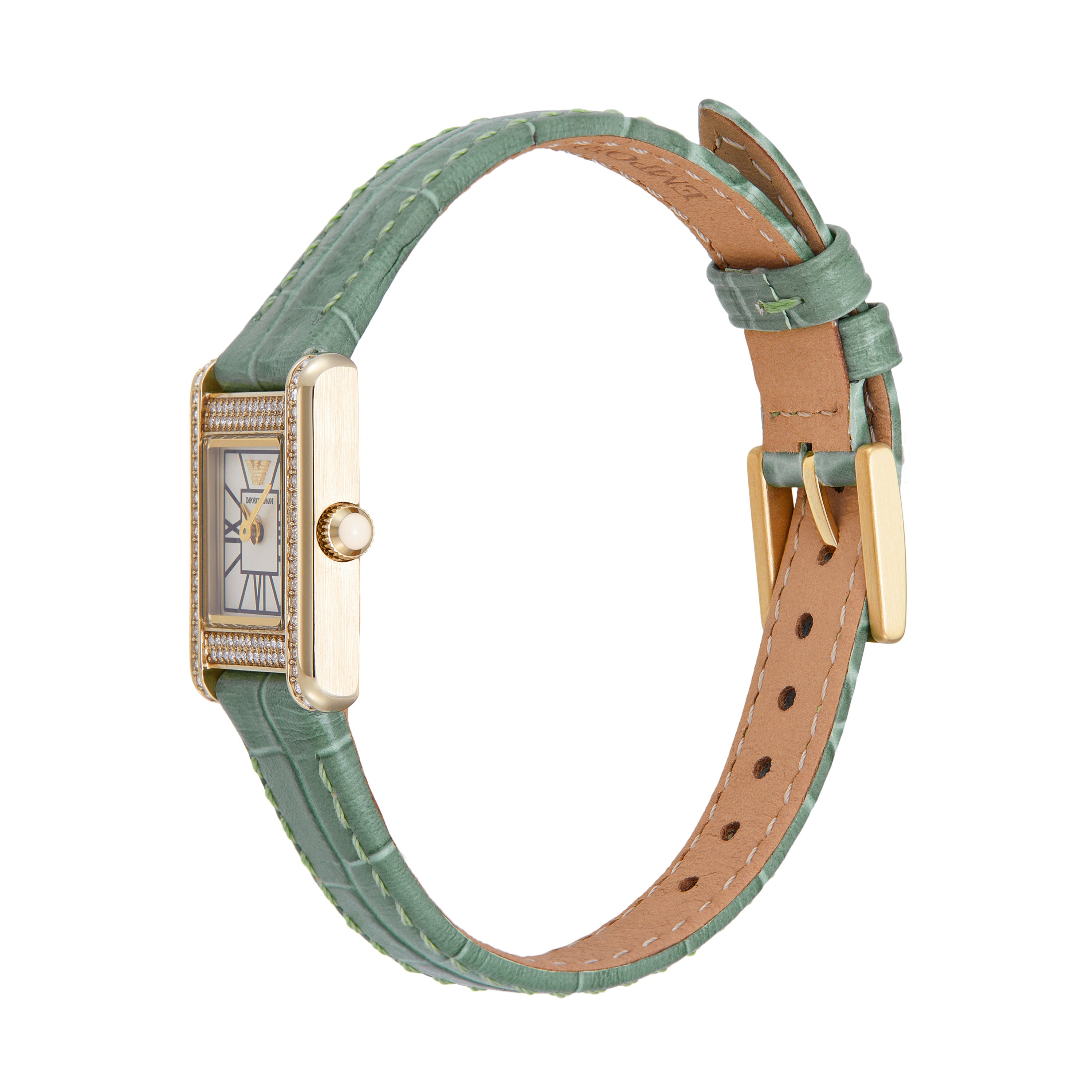 Emporio Armani Two-Hand White Dial Green Leather Strap Watch AR11661