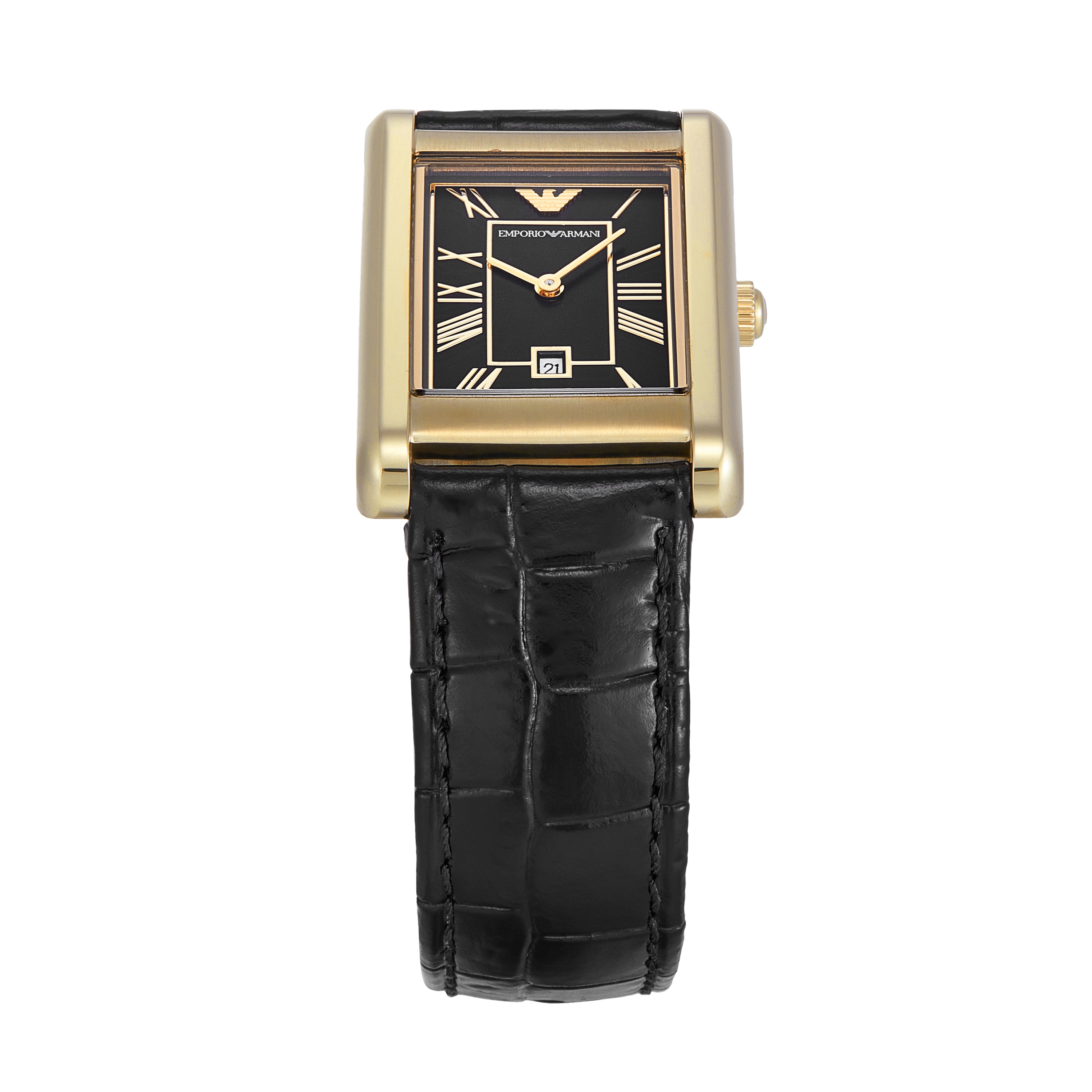 Emporio Armani Two-Hand Black Dial Black Leather Strap Watch AR11666