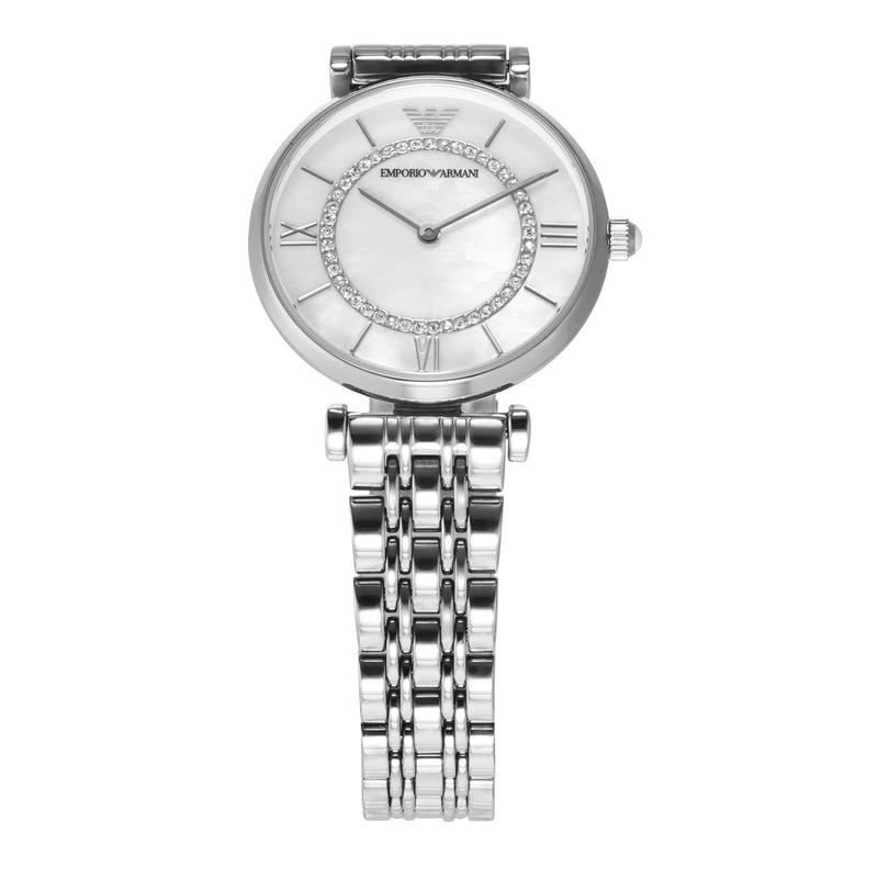 Elegant Armani Silver Stainless Steel Watch with Mother-of-Pearl Dial AR1908