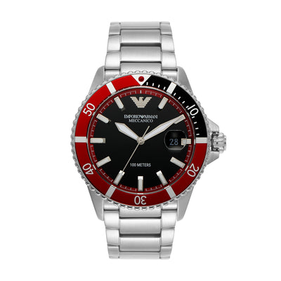 Armani Elegant Silver Steel Diver Watch with Black Dial AR60074