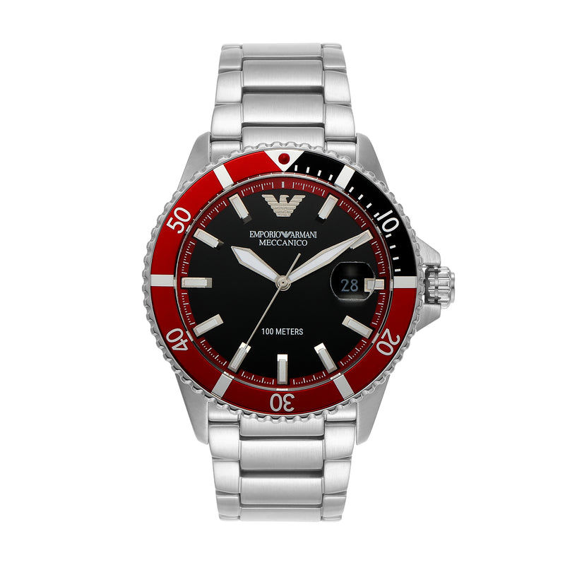 Armani Elegant Silver Steel Diver Watch with Black Dial AR60074