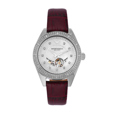 Armani Leo Timepiece with Red Leather and Sunray Dial AR60075
