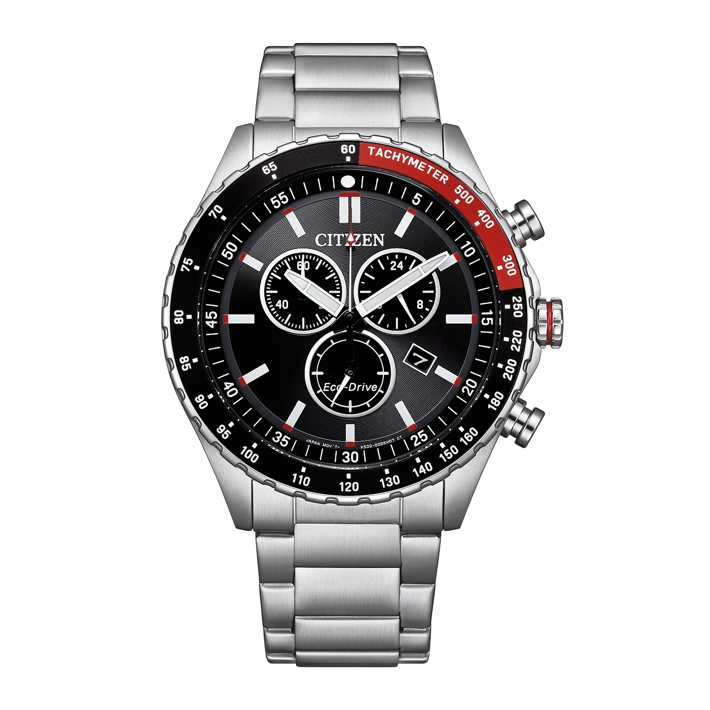 Citizen Chrono Sporty AT2566-88E men's watch black dial silver stainless steel bracelet front view