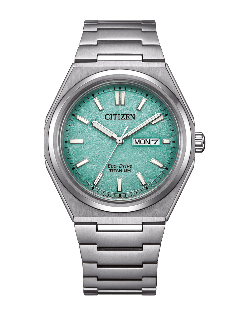 Citizen Eco-Drive Zenshin stainless steel watch with a green dial and a silver bracelet. Displaying time and date, designed for men.