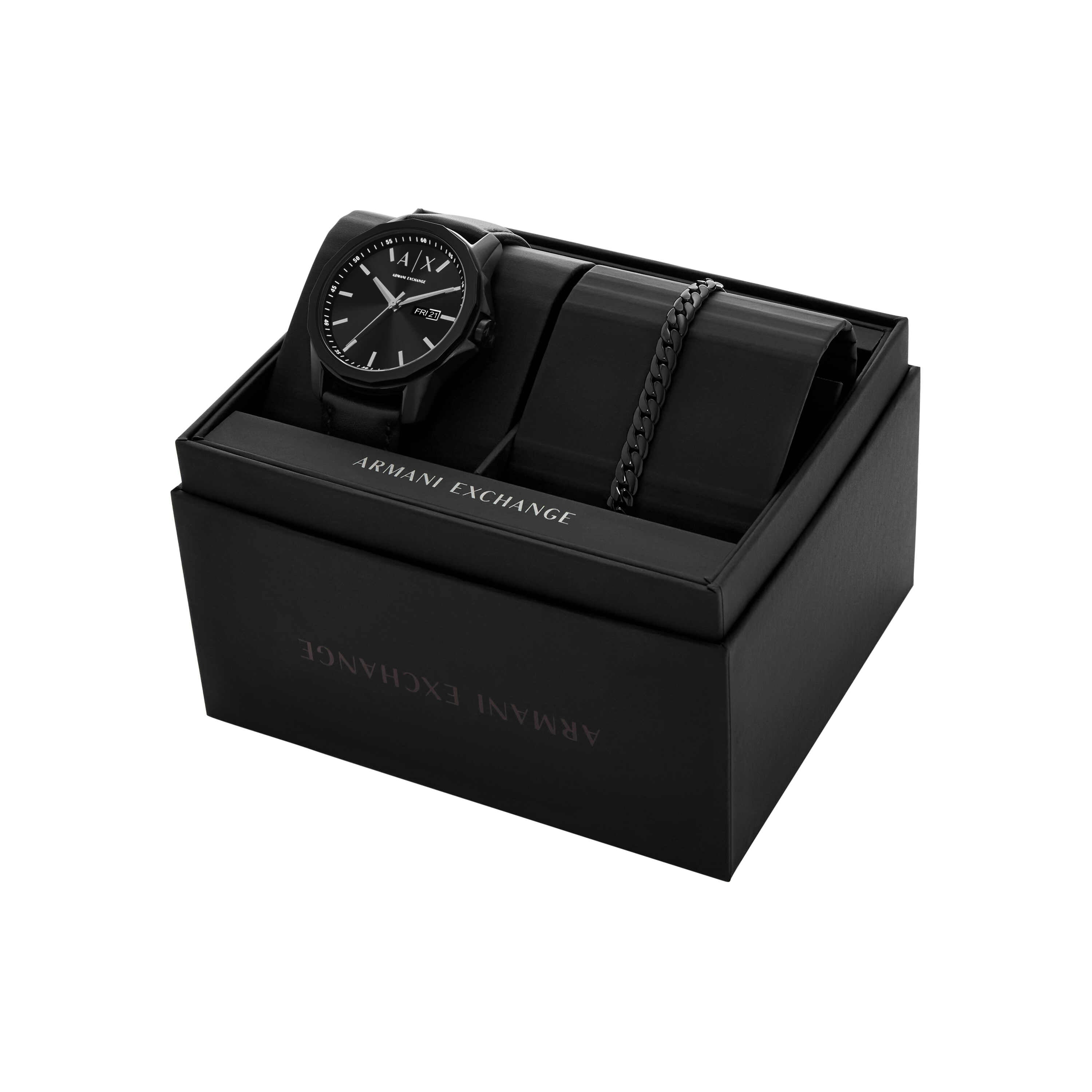 Armani Exchange Black Leather Watch and Black Stainless Steel Bracelet Set AX7147SET