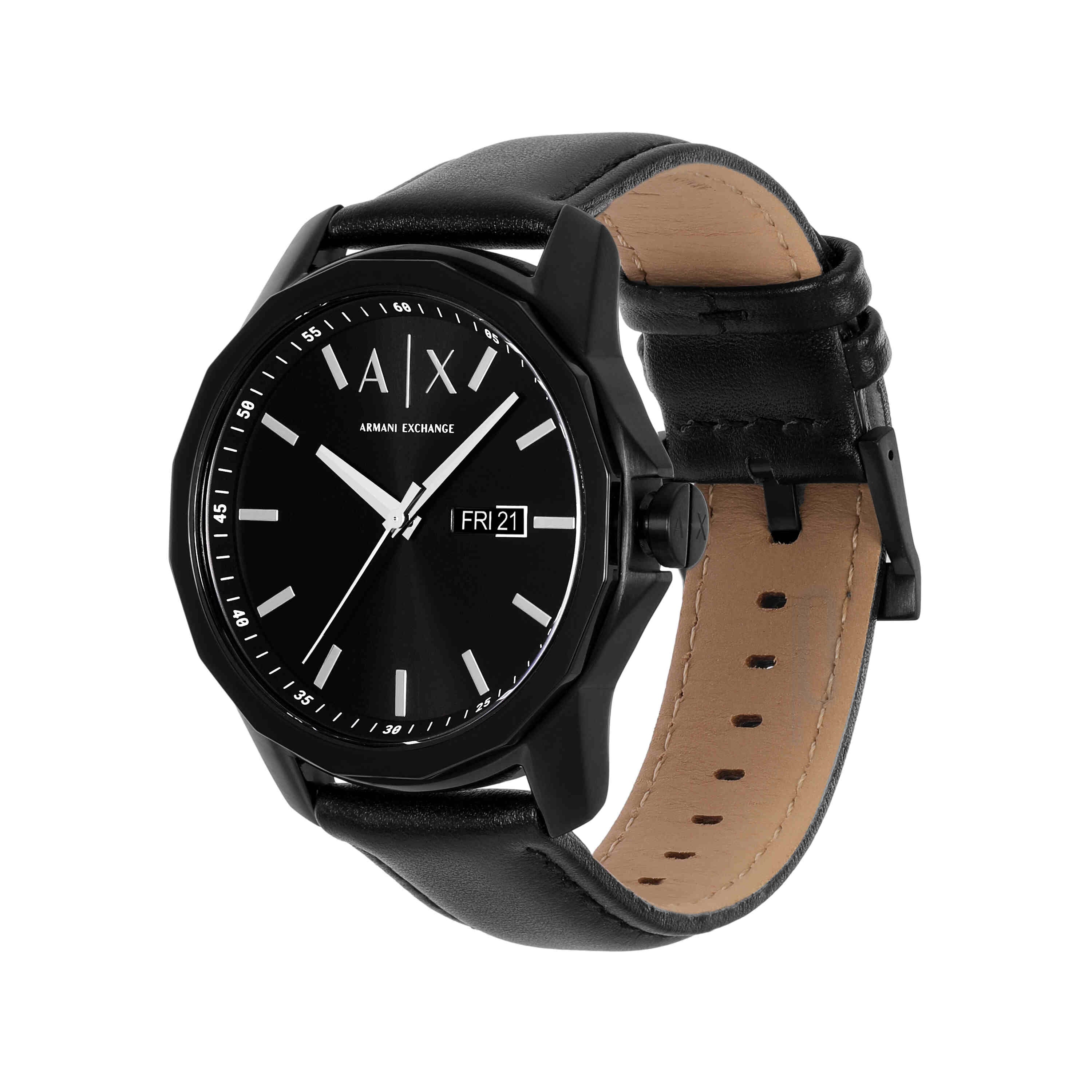 Armani Exchange Black Leather Watch and Black Stainless Steel Bracelet Set AX7147SET