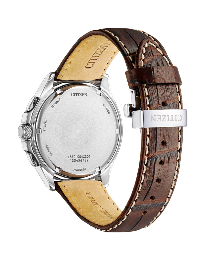 Citizen wristwatch with a brown leather strap and silver-toned case.