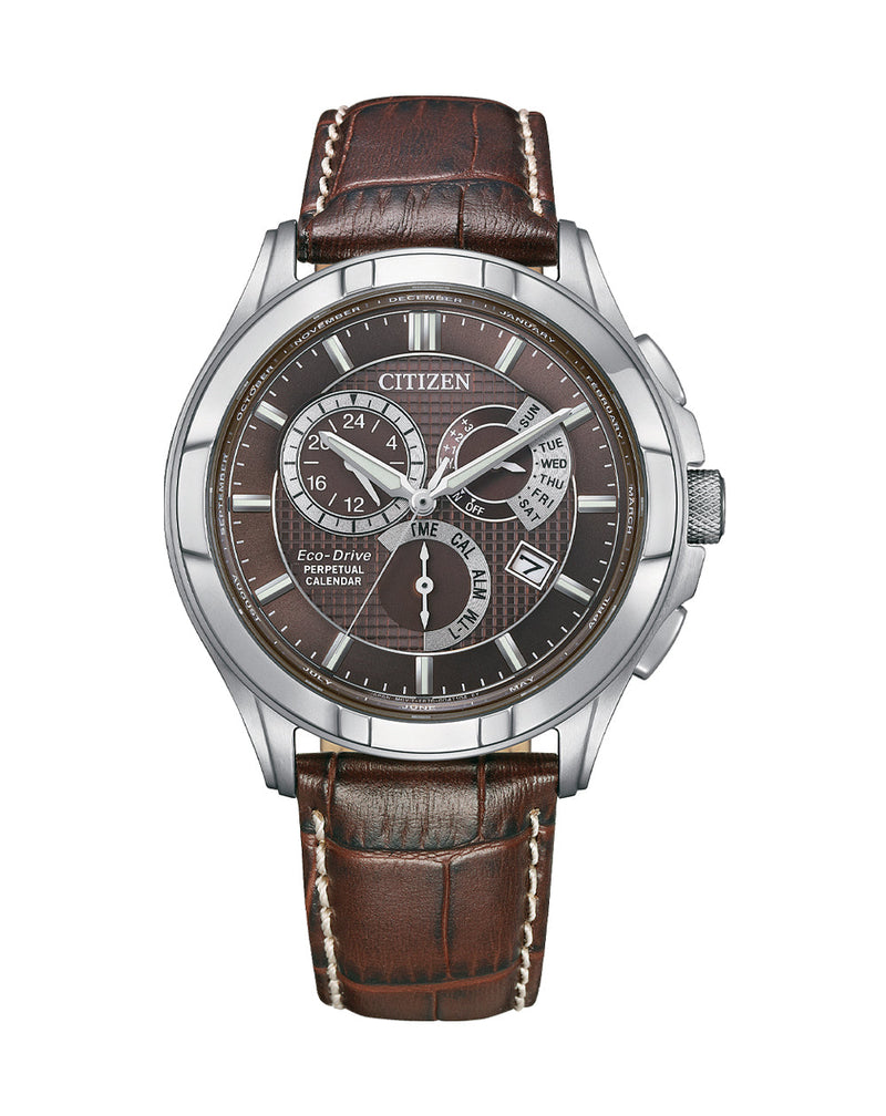 Citizen wristwatch with a brown leather strap and silver-toned case featuring a complex chronograph dial.