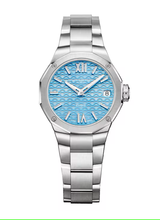 Baume Mercier Riviera Womens Steel Watch Blue Wave Dial 33mm