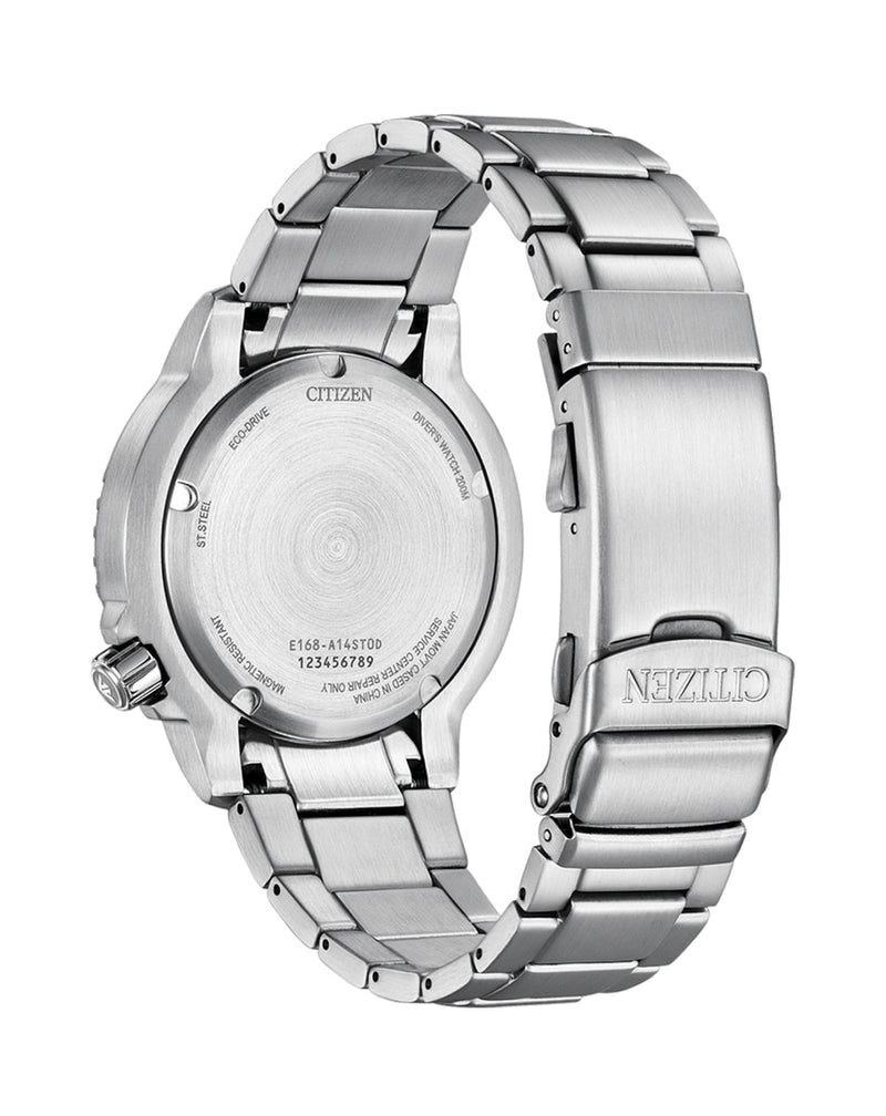 Silver metal wristwatch with a linked bracelet band.