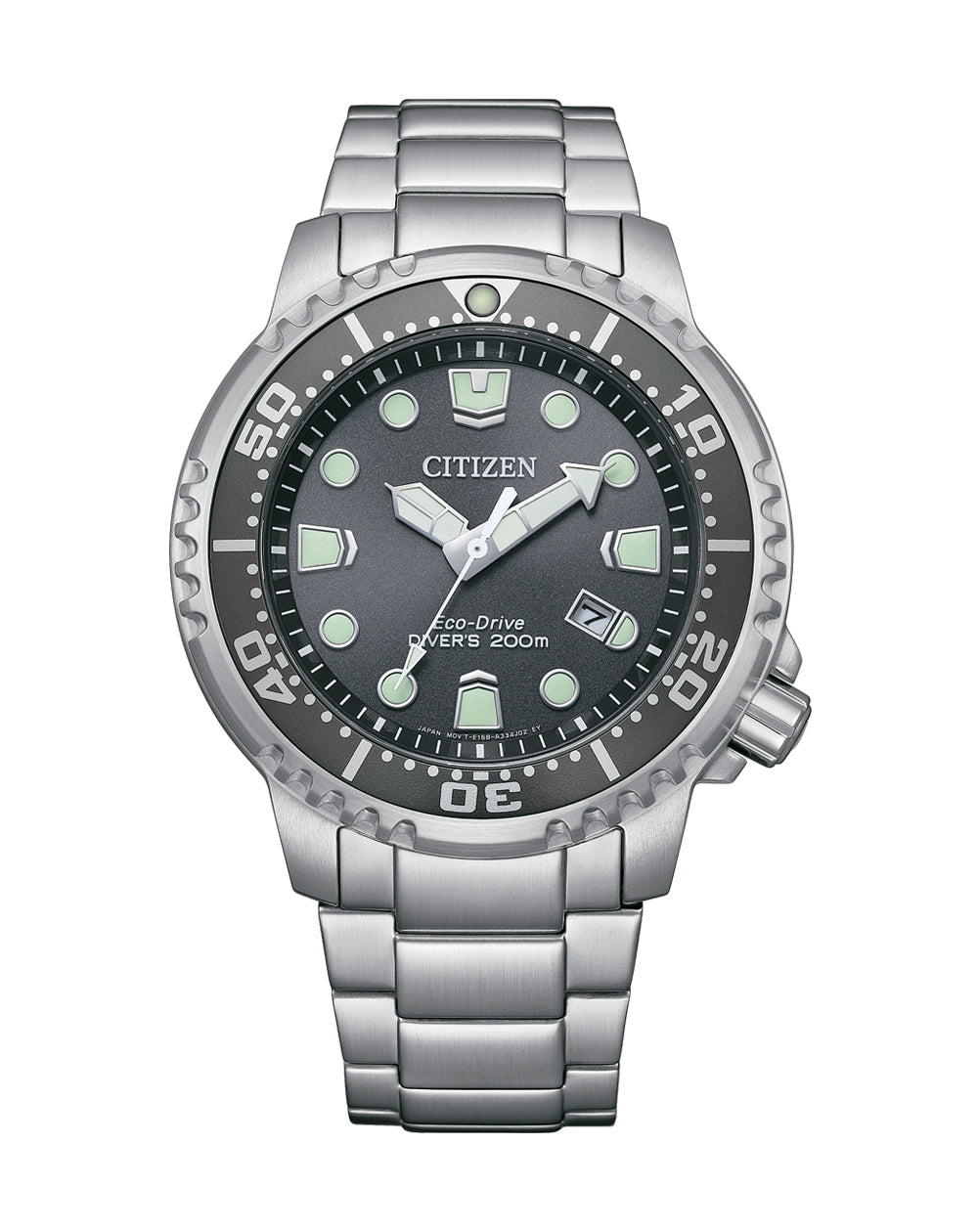 Stainless steel Citizen dive watch with a dark green dial and rotating bezel.
