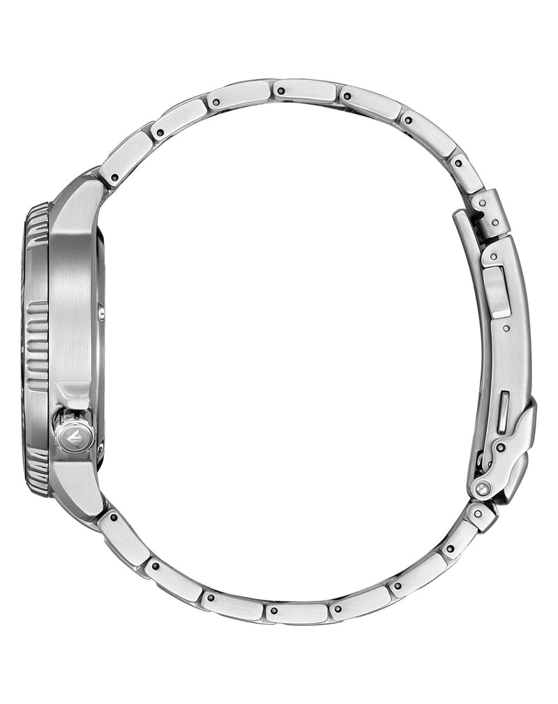 Stainless steel wristwatch with a metal link bracelet and prominent bezel.