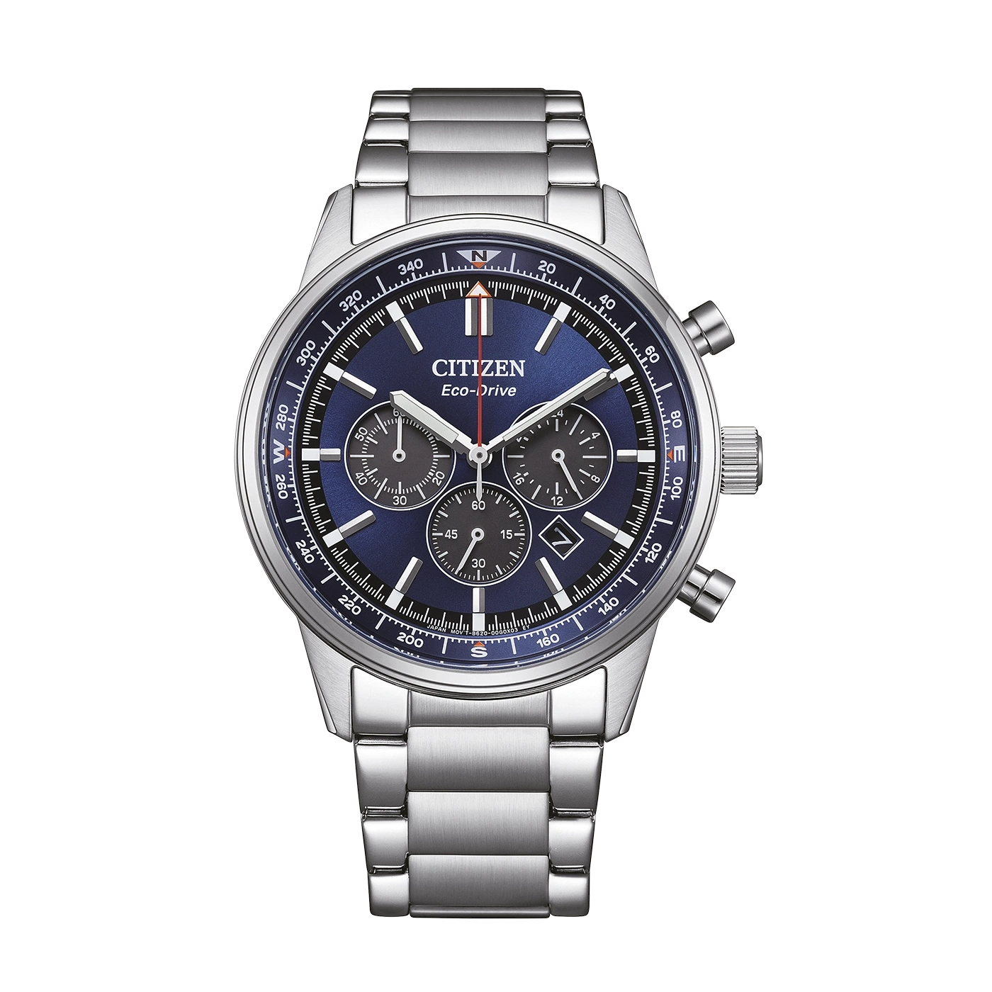 Citizen CA4720-52L Chrono Pilot blue dial, official front product shot showing steel case and bracelet