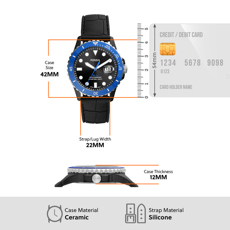 Wristwatch with a blue bezel and black leather strap.