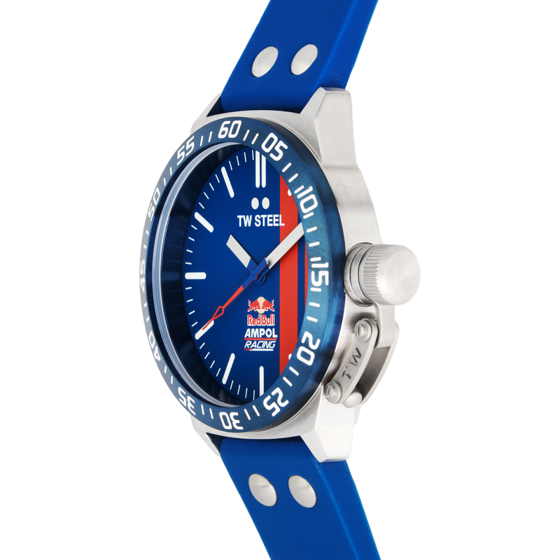 Blue and silver wristwatch with a sporty design and rubber strap.