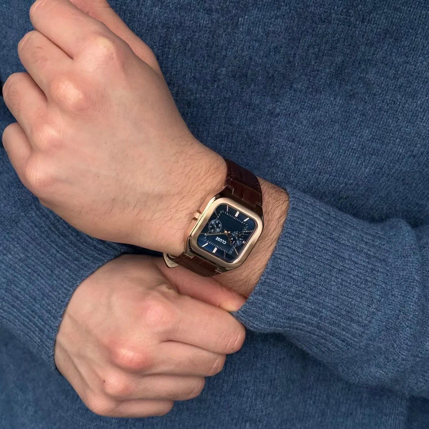 CLUSE Quadrus Multifunction Brown Leather Band Blue Dial Rose Gold Men's Watch CW26204