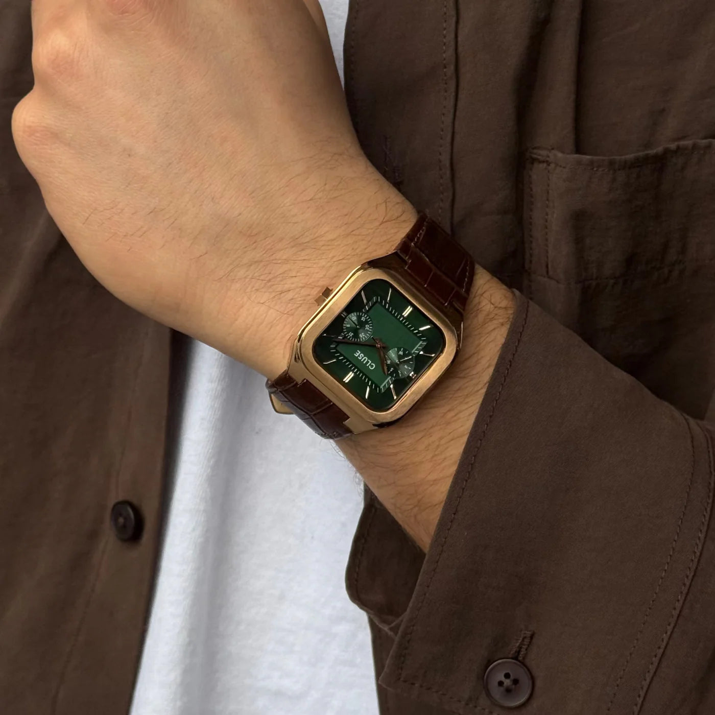 CLUSE Quadrus Multifunction Brown Leather Band Green Dial Rose Gold Men's Watch CW26205