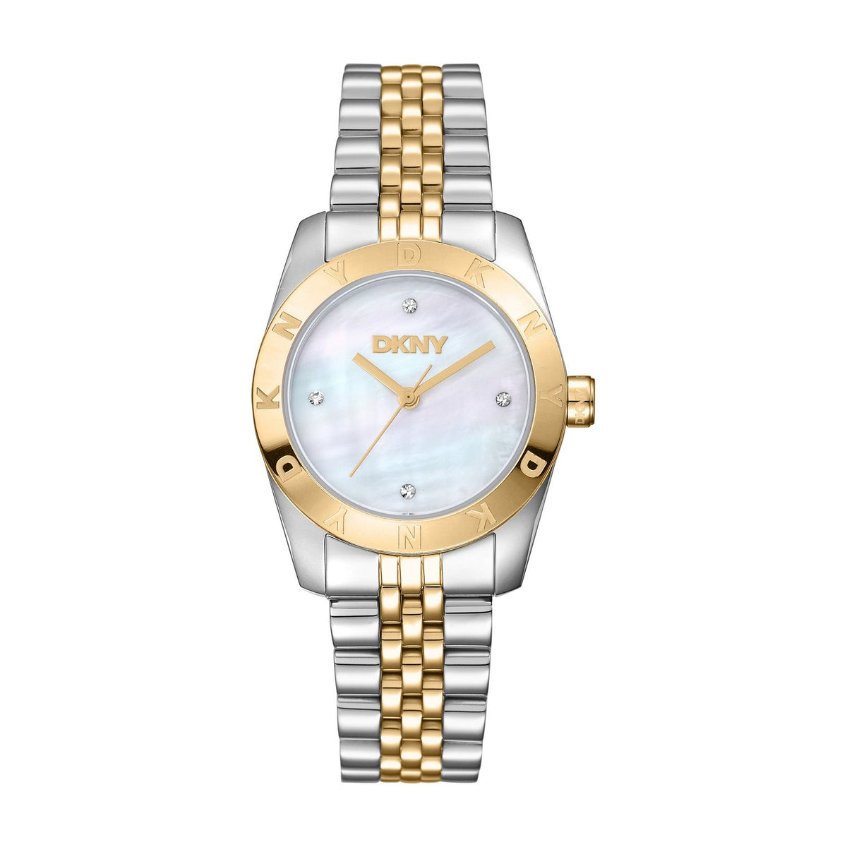 DKNY Logo White MOP Dial Two Tone Steel Womens Watch DK1L185M0265 front packshot