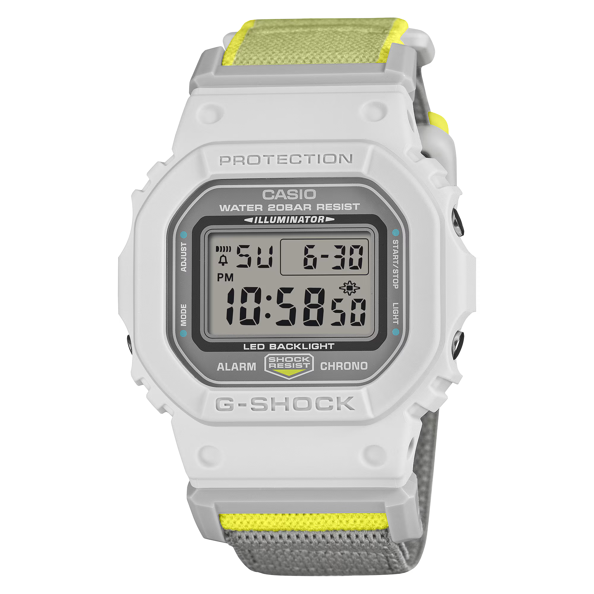 G-Shock Digital White and Yellow Nylon FIDLOCK Clasp Band Watch DW5600MNC-7A8