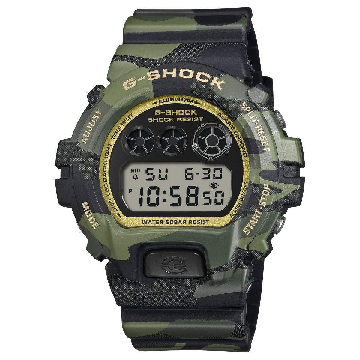 G-Shock DW6900CMG-3D Bold Camo digital watch on a camouflage resin band, shown straight on.