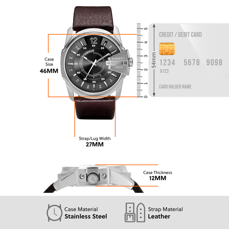 Stainless steel wristwatch with a brown leather strap and black dial face.