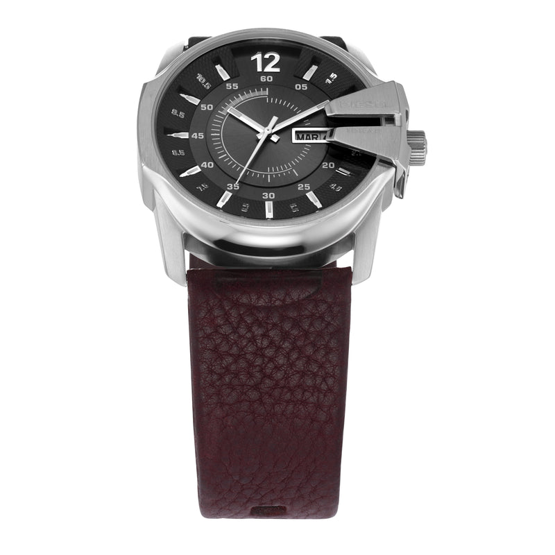 Wristwatch with a silver case, black dial, and burgundy leather strap.